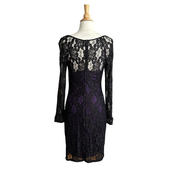 DAVID MEISTER Black Lace Cocktail Dress Beaded Cuffs, Purple Lining Size 6 - Picture 2 of 16